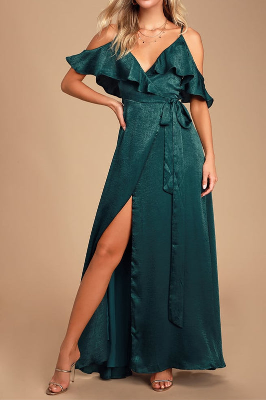 Moriah Emerald Green Satin Wrap Maxi Dress