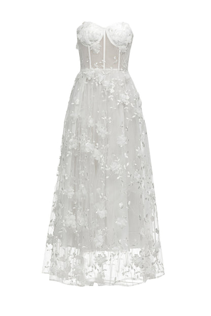 Lace floral off shoulder maxi dresses in white