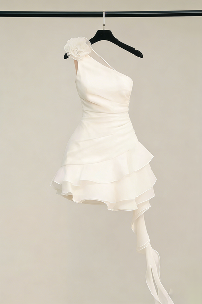 Flower one shoulder ruffle mini dress in white