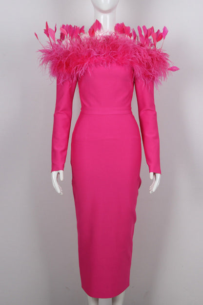 Feather backless midi dress in pink