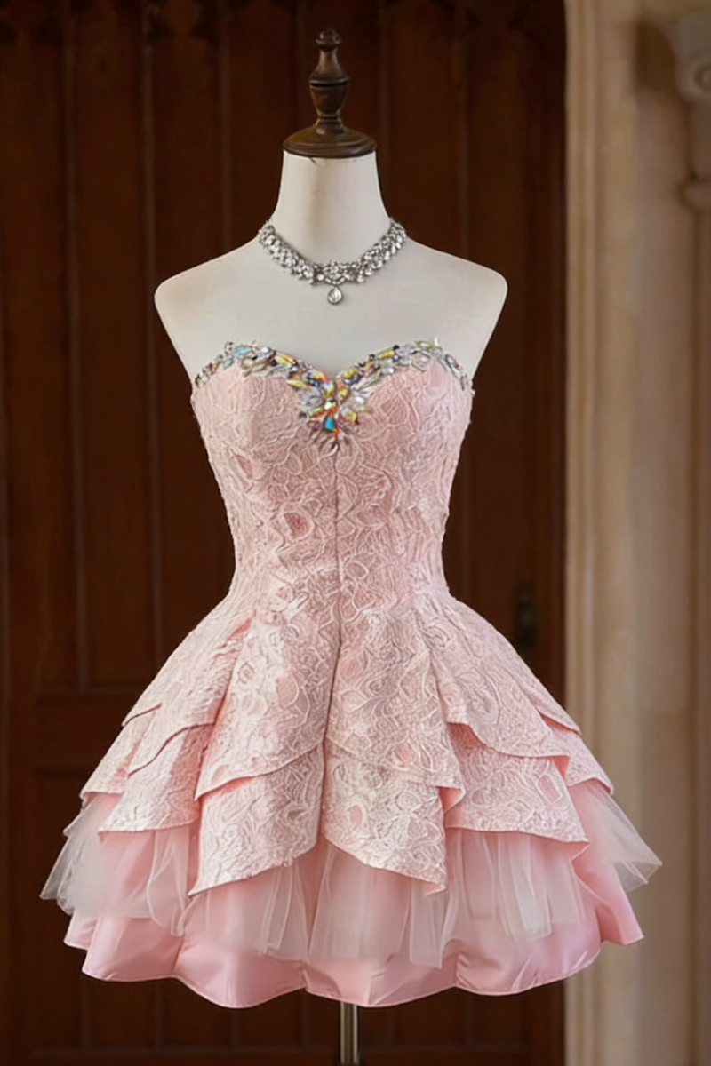 Pink Strapless Mini Tiered Dress
