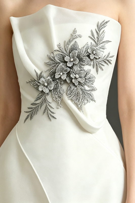 Strapless Layered Organza Midi Dress In White With Graay Flower Embroidery
