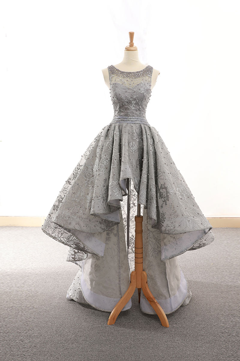 Gray tulle lace high low prom dress