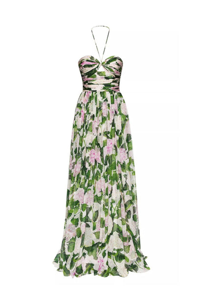 FLORAL HALTERNECK MAXI DRESS IN GREEN