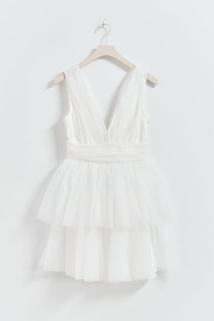 Tulle V line mini dress in white