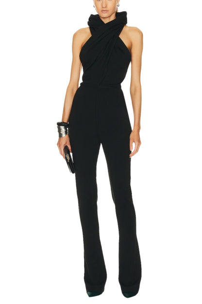 BLACK BACKLESS HOODED JUMPSUIT WITH SLIP POCKETS