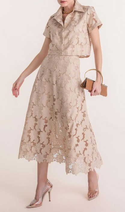 guipure mesh midi skirt cropped set in apricot