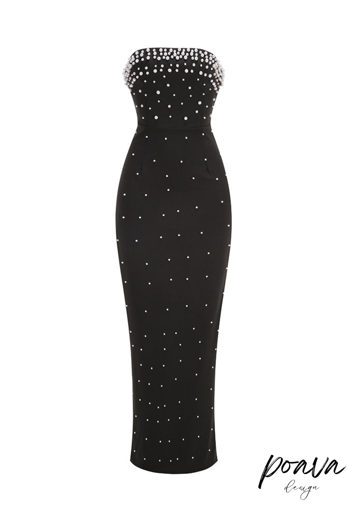 pearl-embellished strapless gown in black