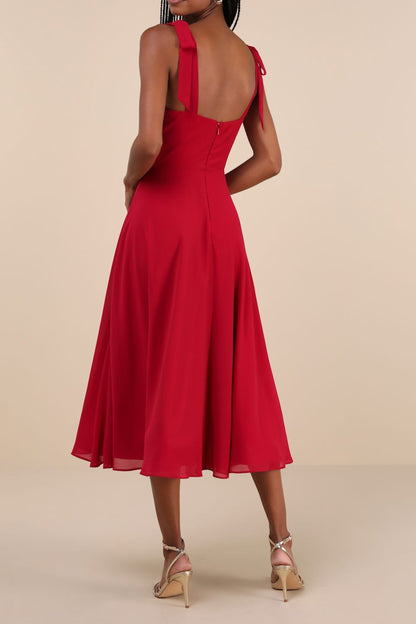 Berry Red Tie-Strap A-Line Midi Dress