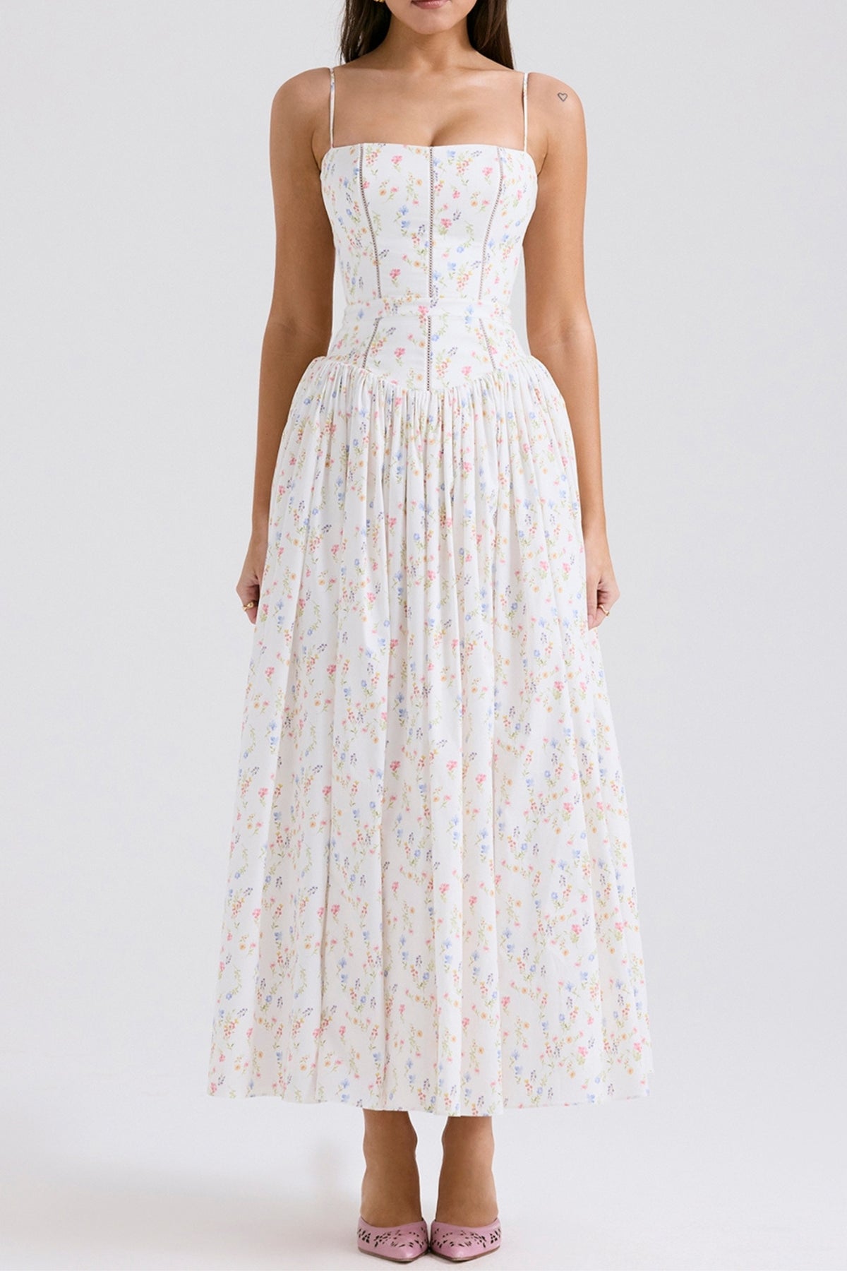 WHITE POSY PRINT COTTON MAXI SUNDRESS