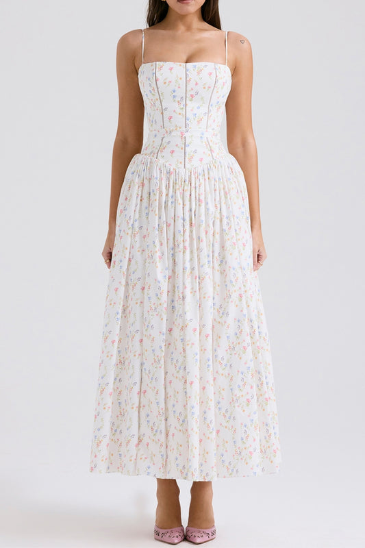 WHITE POSY PRINT COTTON MAXI SUNDRESS