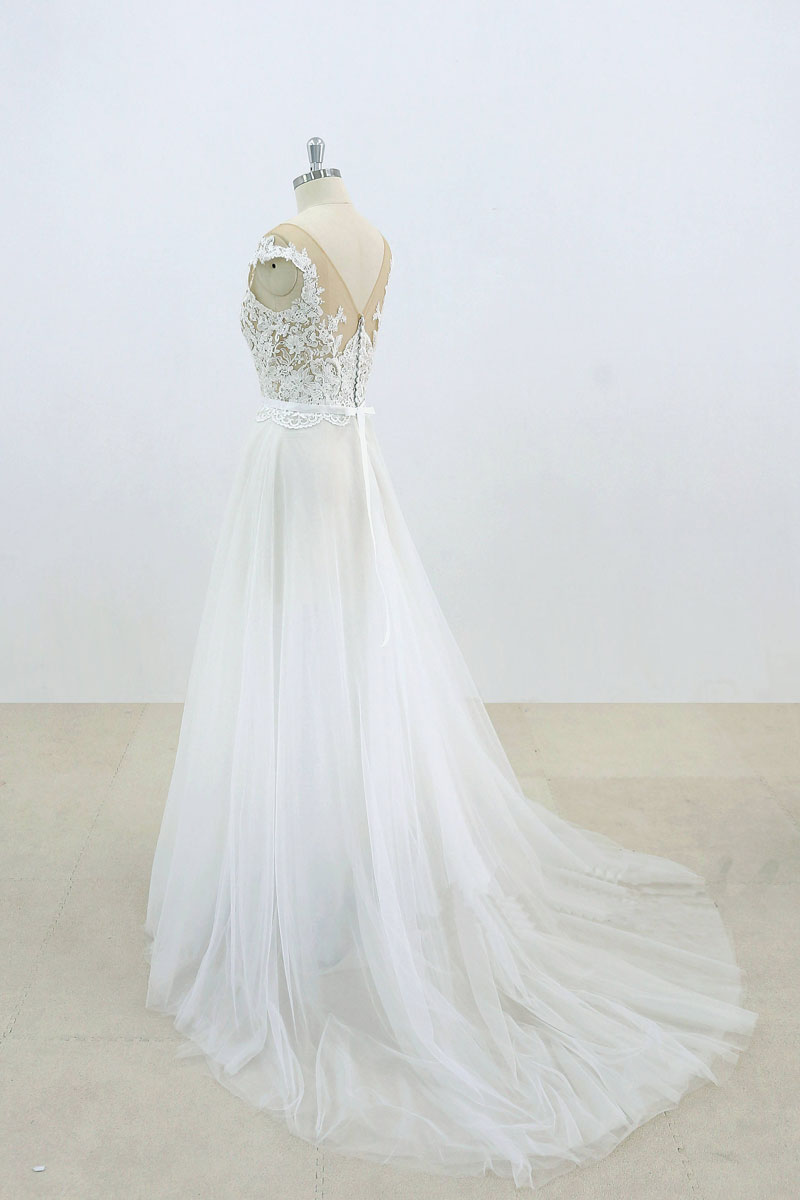 White lace tulle prom dress
