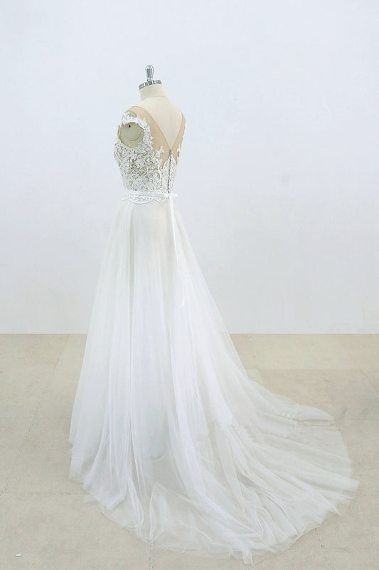 White lace tulle prom dress