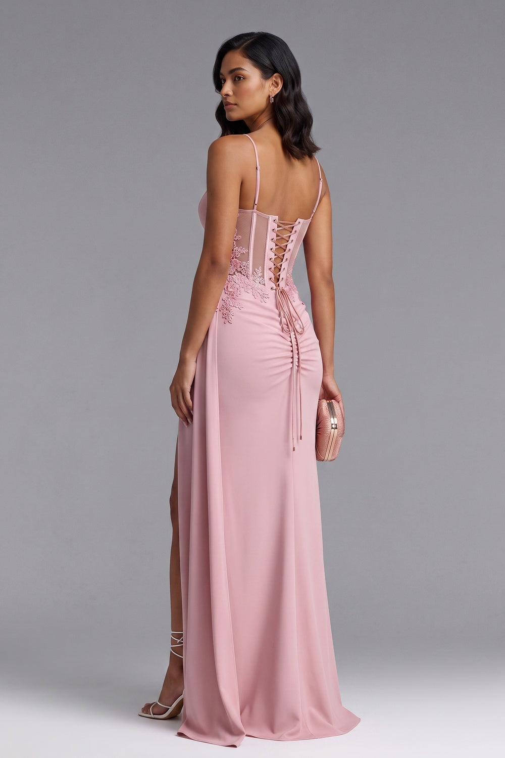 Pink Corset Gown with Lace Waist Detail Premium Fabric - product view 4