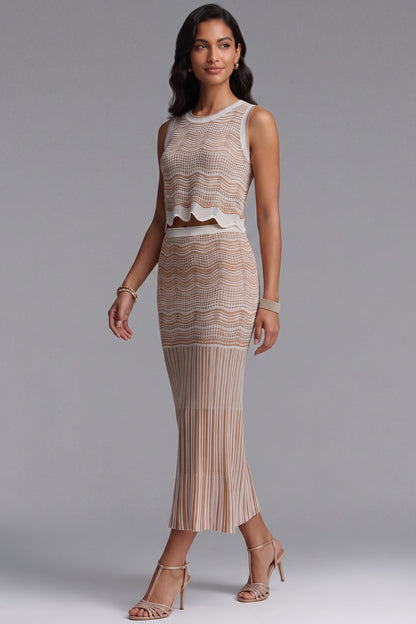 Beige Pointelle Knit Fitted Column Two-Piece Set beige, tan pointelle knit two-piece set - product view 3