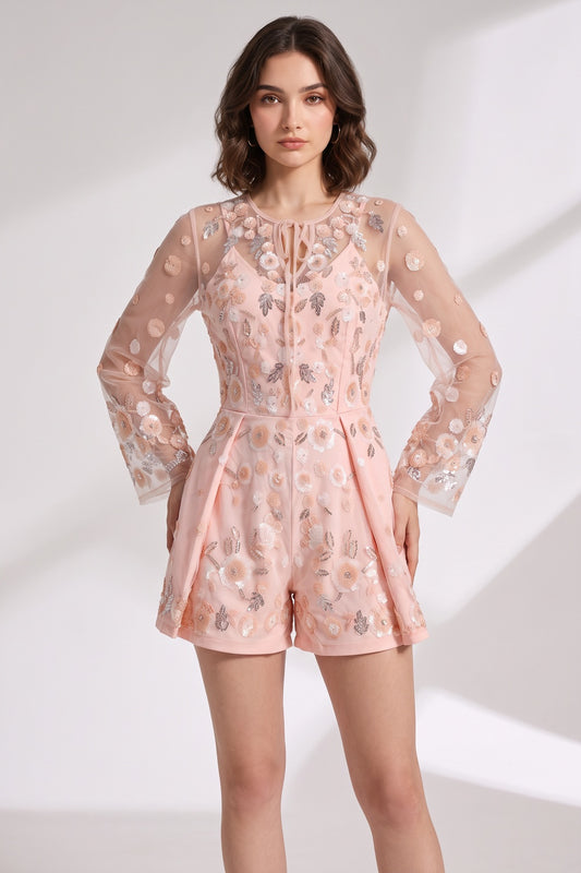 light pink sheer mesh tulle fitted bodice with structured, slightly flared shorts romper light pink sheer mesh tulle romper - product view 1