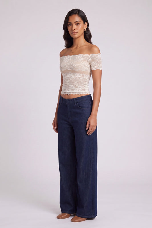 Off Shoulder Sheer Lace Cutout Crop Top