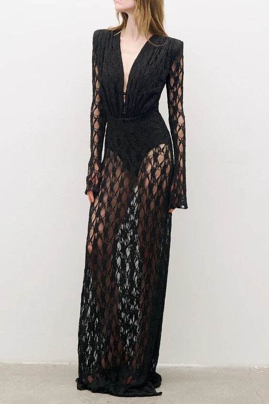 gwendolyn v neck hollow long sleeve lace maxi dress  in black