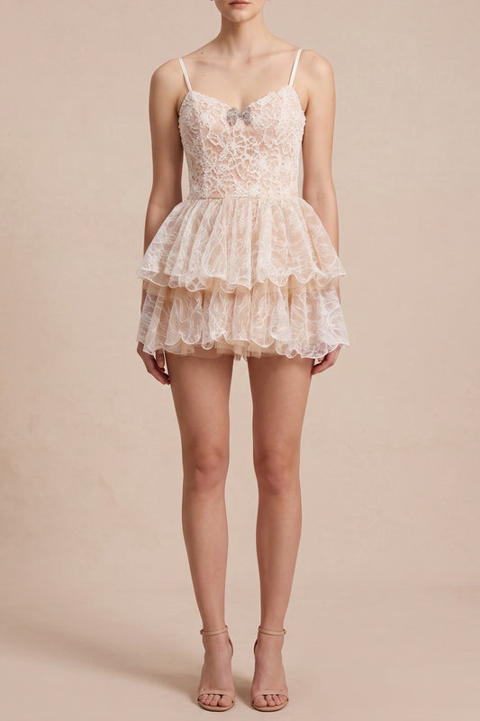 Spaghetti Strap Floral Lace Tiered Ruffle Mini Dress
