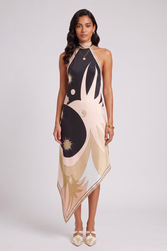 black silk or satin halter neck, backless, draped scarf silhouette dress black, cream, beige silk or satin dress - product view 2