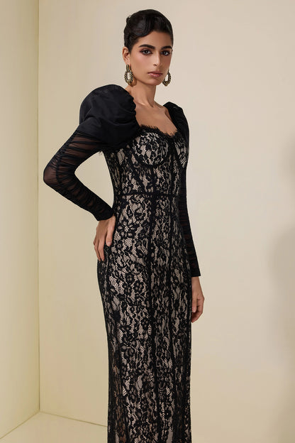 wendy Lace Splicing Mesh Puff Sleeve Midi Dress in black