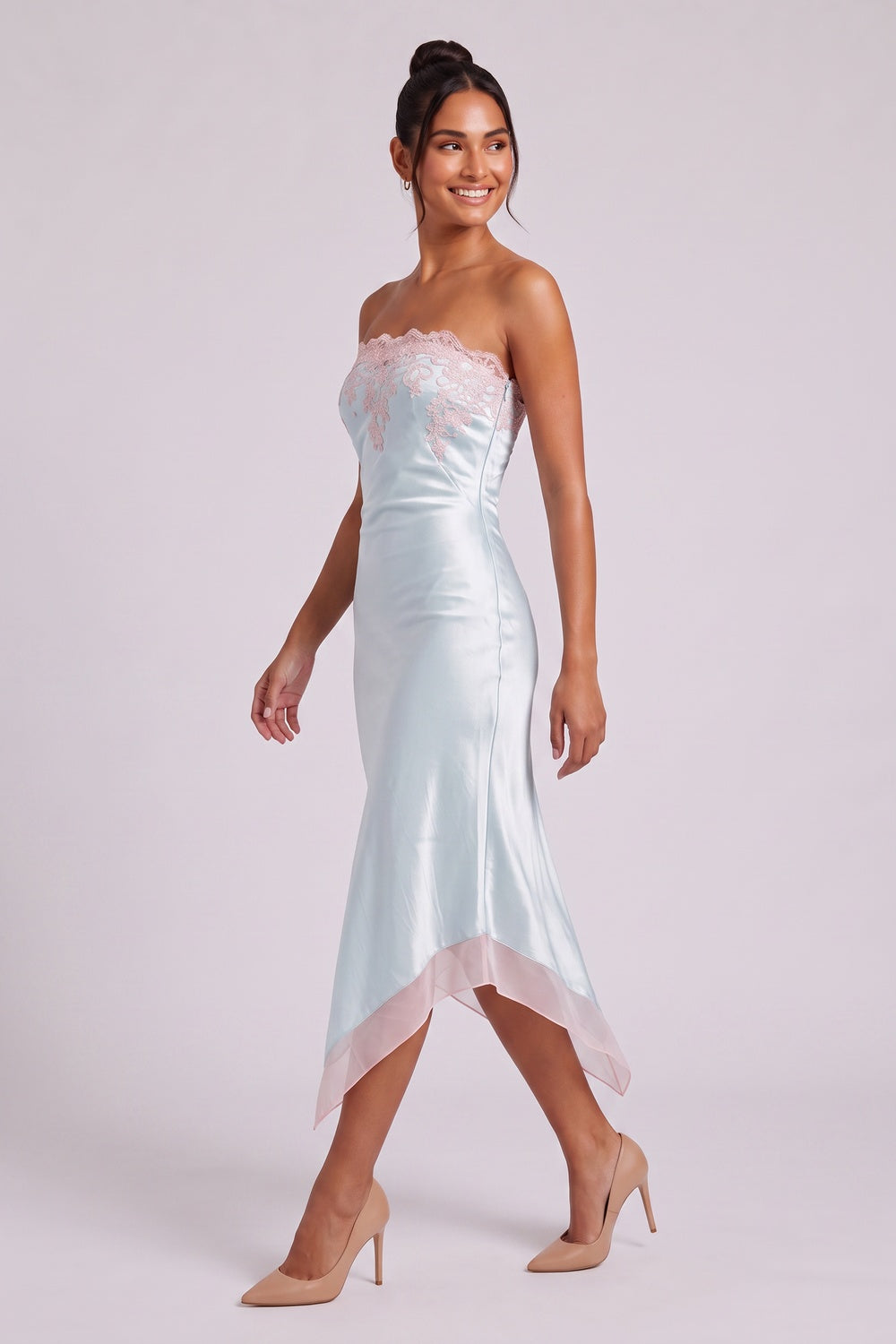 Pale Blue Satin Sheath Dress with Pink Lace Trim pale blue satin dress - product view 3