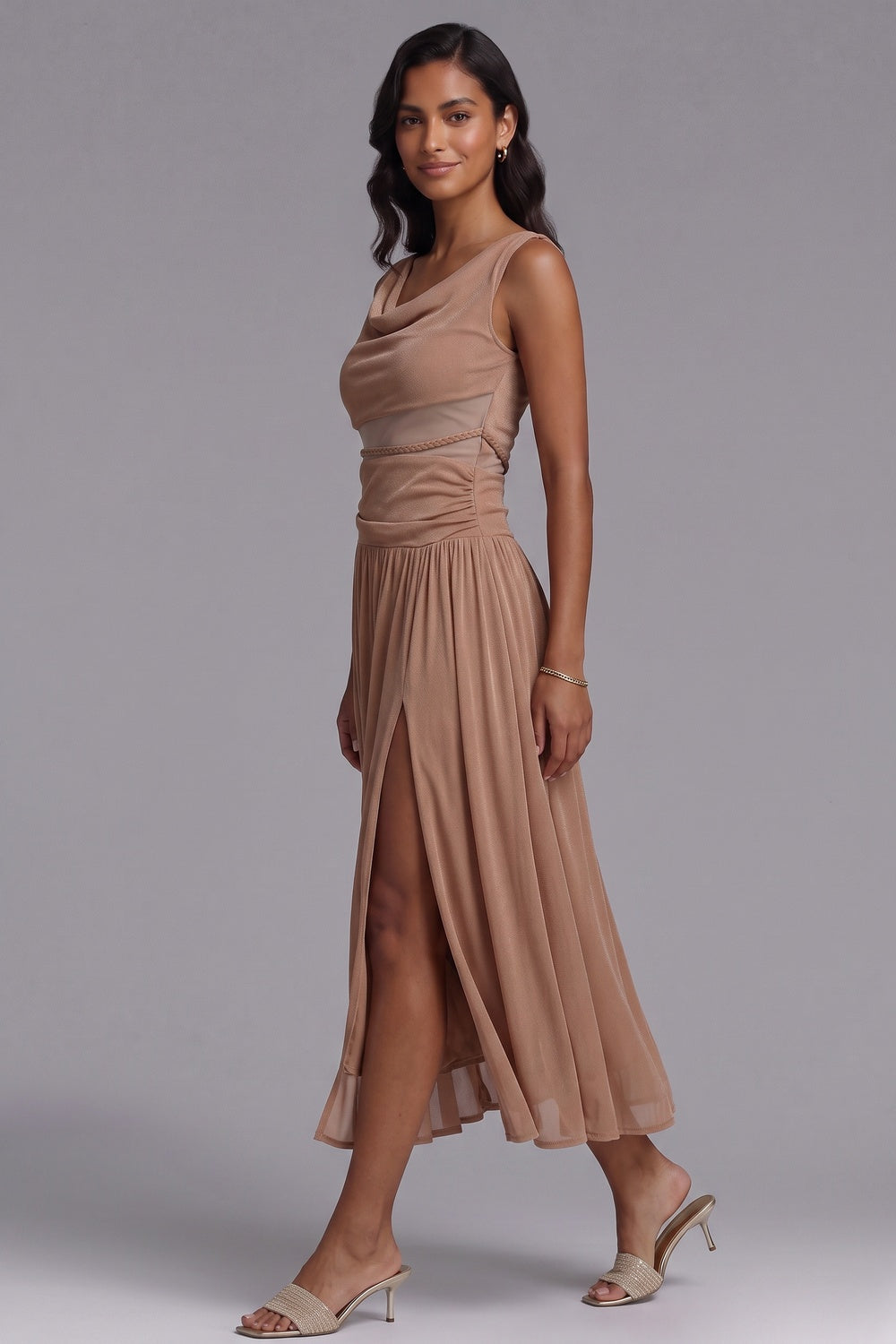 Beige Lightweight Jersey Fit-and-Flare Midi Dress beige lightweight jersey dress - product view 4