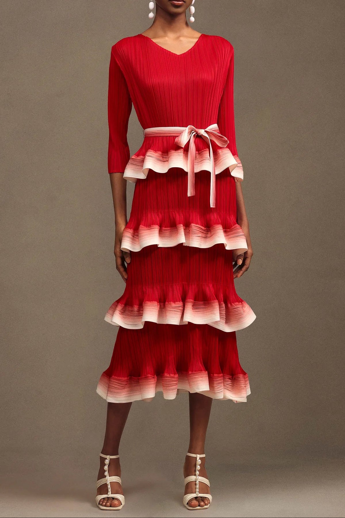 victoria Pleated Round Neck Long Sleeve Falbala Woven Maxi Dress in red