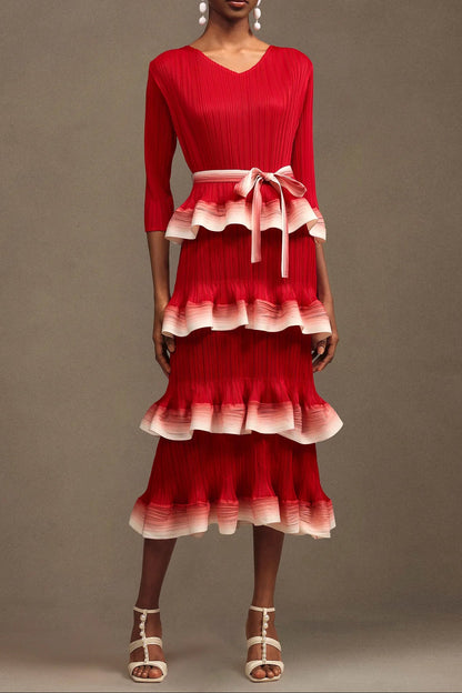 victoria Pleated Round Neck Long Sleeve Falbala Woven Maxi Dress in red