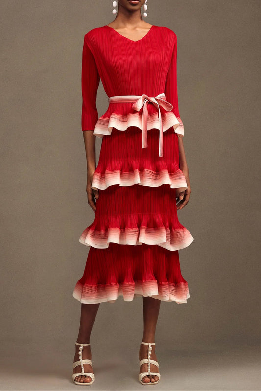 victoria Pleated Round Neck Long Sleeve Falbala Woven Maxi Dress in red