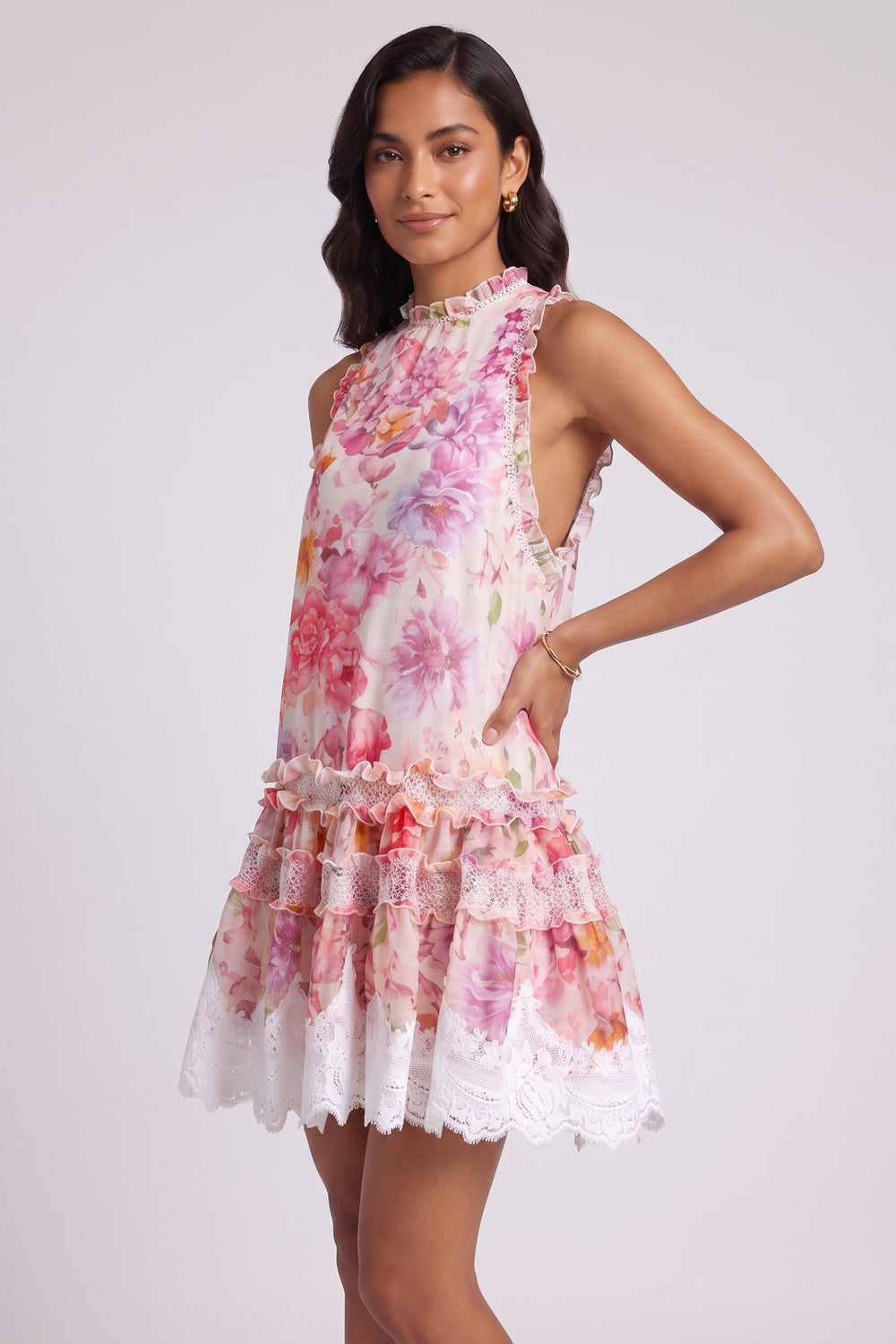 Pink Chiffon A-Line Tiered Floral Dress pink, white chiffon dress - product view 3