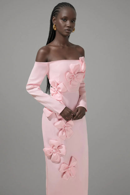 hilary Pink 3D Flower long sleeve strapless Midi Dress