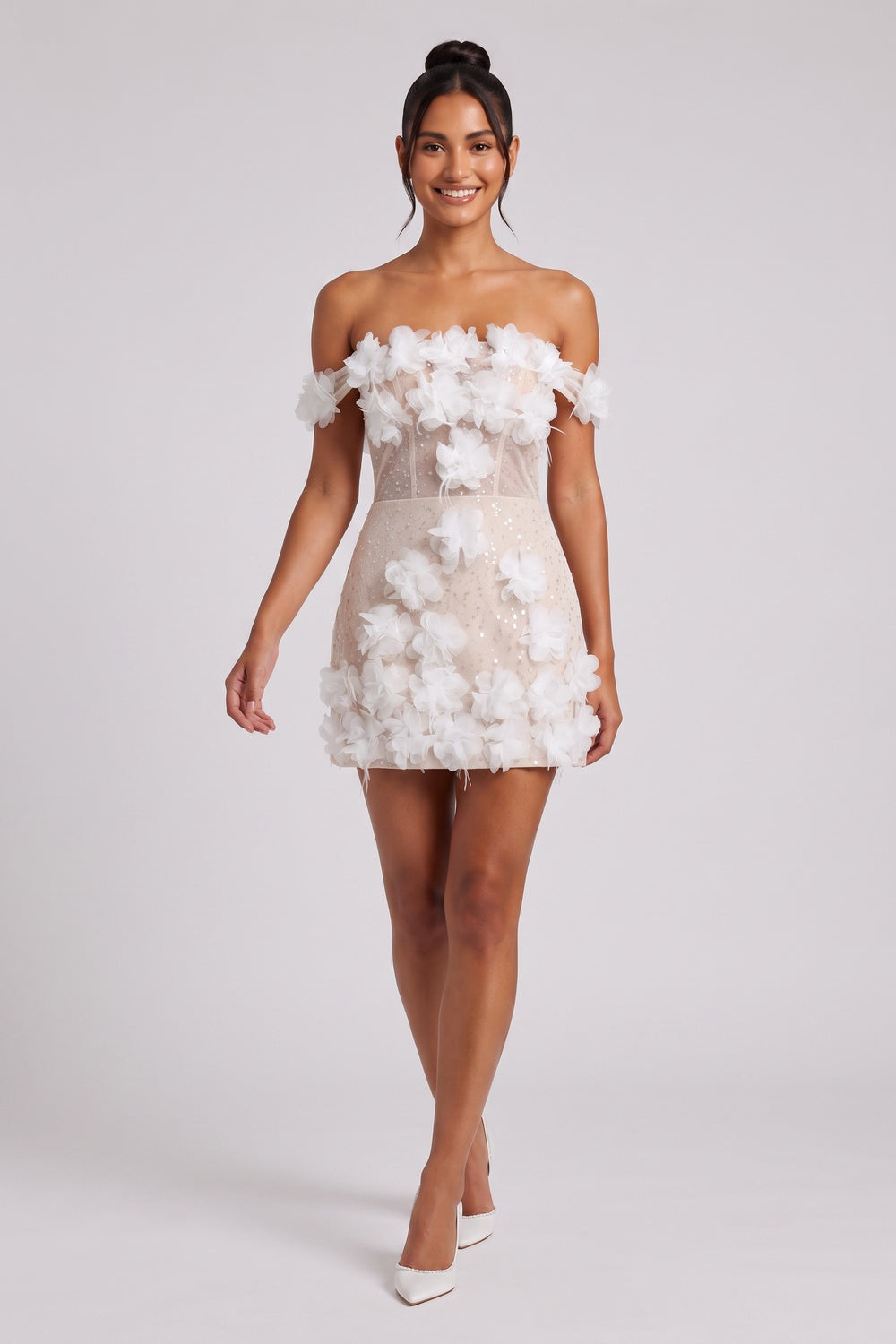 Nude Mesh Overlay Fitted Sheath Mini Dress with 3D Floral Appliqué nude, white mesh overlay with nude lining dress - product view 1