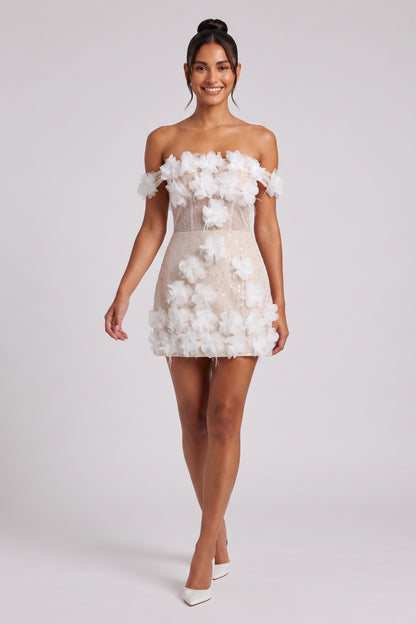 Nude Mesh Overlay Fitted Sheath Mini Dress with 3D Floral Appliqué nude, white mesh overlay with nude lining dress - product view 1