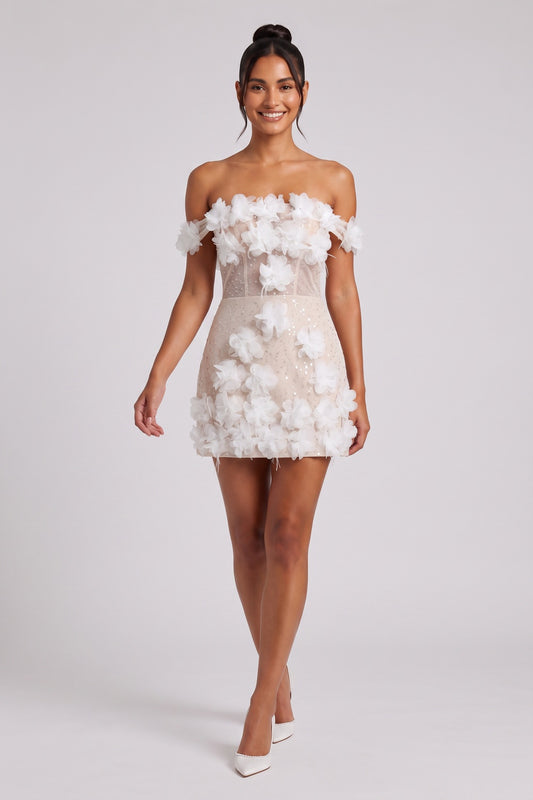 Nude Mesh Overlay Fitted Sheath Mini Dress with 3D Floral Appliqué nude, white mesh overlay with nude lining dress - product view 1
