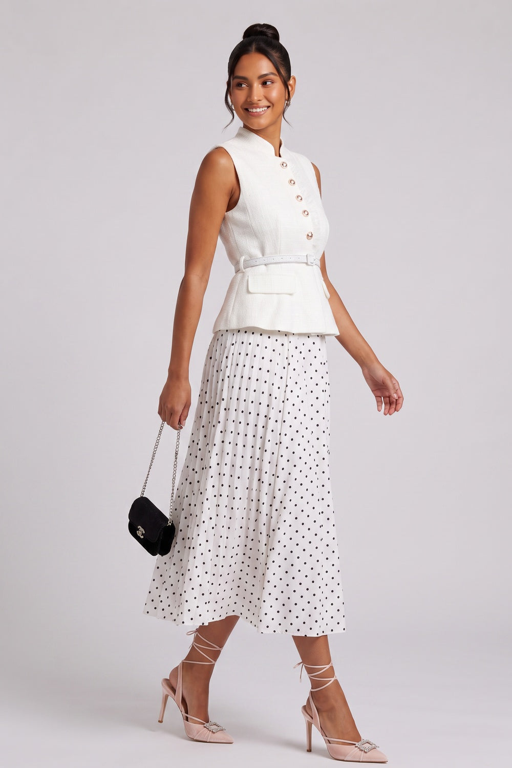 Premium Fabric Two-Piece Set - White Peplum Top & Polka Dot Midi Skirt Premium Fabric - product view 4