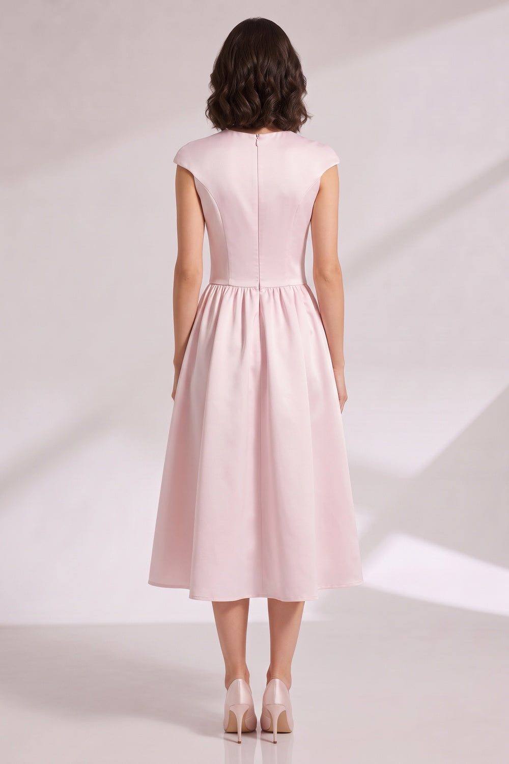 Pink Midi Dress with Cap Sleeves and Back Zipper Premium Fabric - product view 1