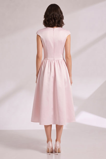 Pink Midi Dress with Cap Sleeves and Back Zipper Premium Fabric - product view 1