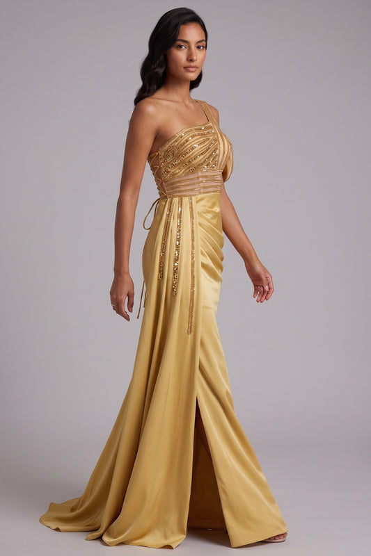 One Shoulder Beaded Mesh Draped Satin Mermaid Evening Gown
