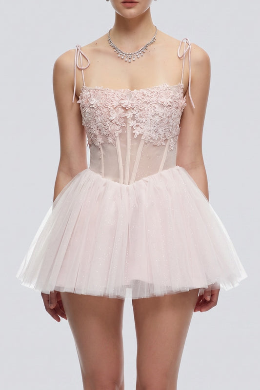 Tie Strap 3D Floral Mesh Corset Tulle Mini Dress