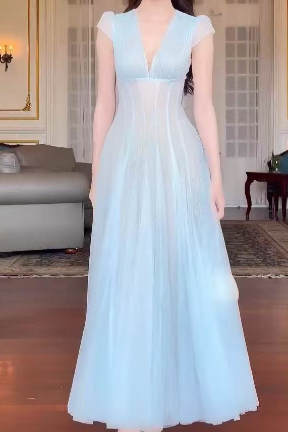 Glitter Tulle Cap Sleeve V-Neck Empire Waist Flowy Maxi Dress