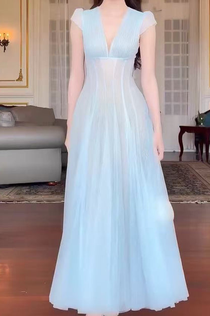 Glitter Tulle Cap Sleeve V-Neck Empire Waist Flowy Maxi Dress