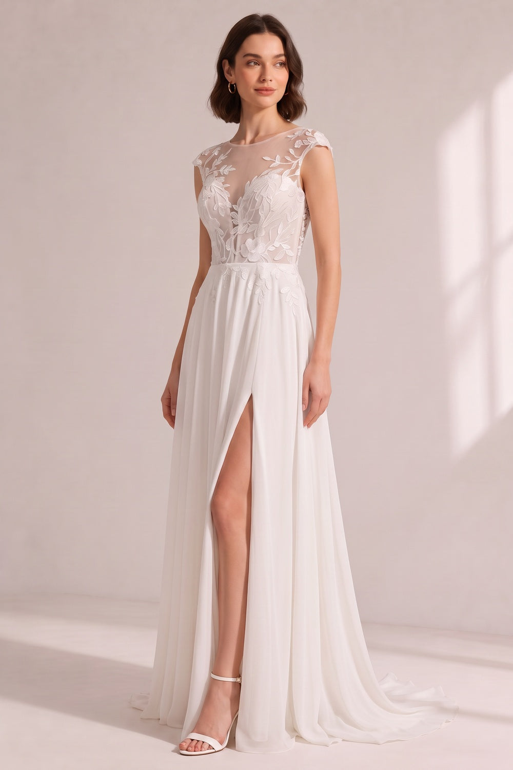 Illusion Cap Sleeve Floral Lace High Slit Chiffon Wedding Gown
