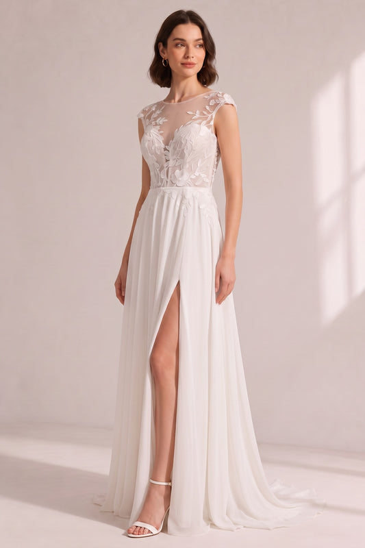 Illusion Cap Sleeve Floral Lace High Slit Chiffon Wedding Gown