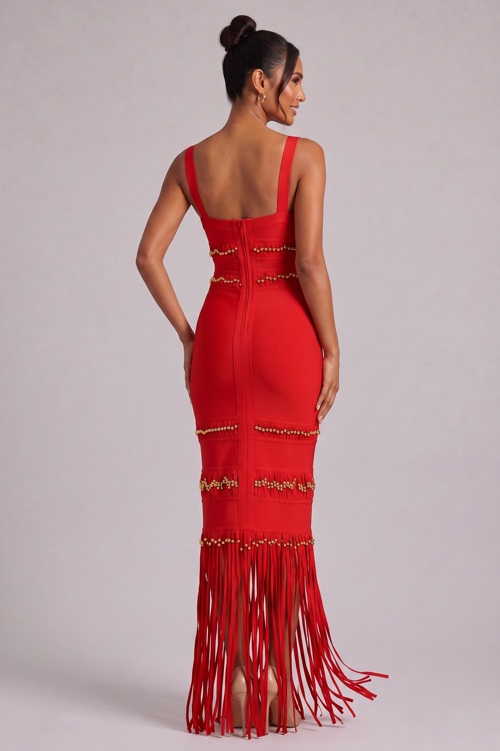 Red Fringe Maxi Dress with Gold Bead Detailing Premium Fabric - product view 3