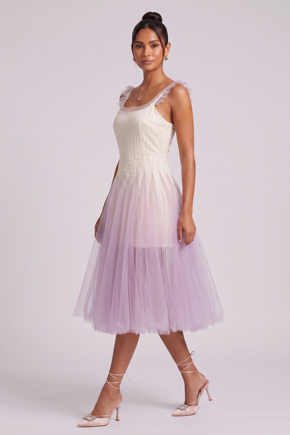 Gradient Tulle Midi Dress with Ruffle Straps Premium Fabric - product view 2