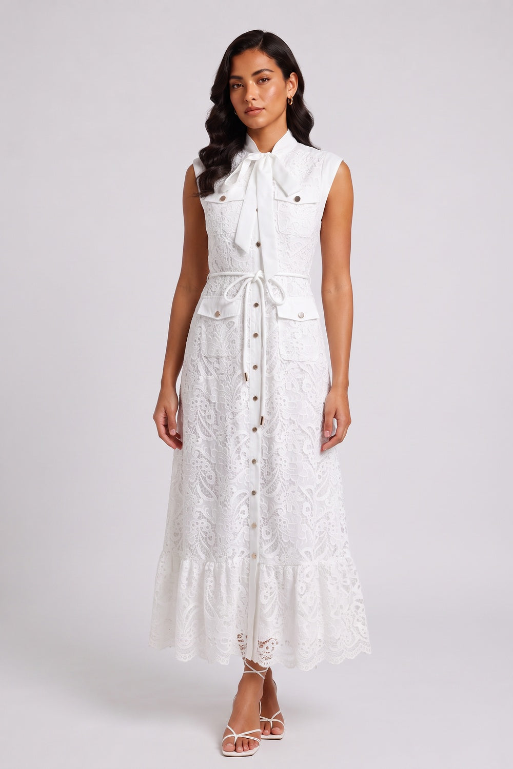 White Sleeveless Tie Neck Cargo Pocket Lace Midi Shirt Dress