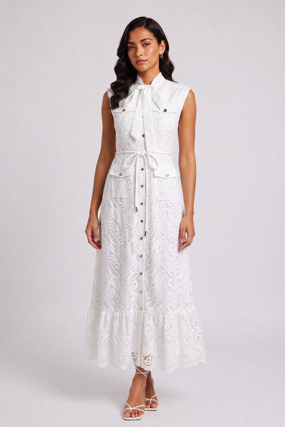 White Sleeveless Tie Neck Cargo Pocket Lace Midi Shirt Dress