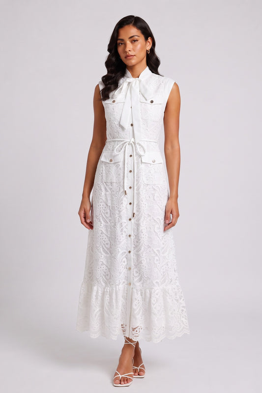 White Sleeveless Tie Neck Cargo Pocket Lace Midi Shirt Dress