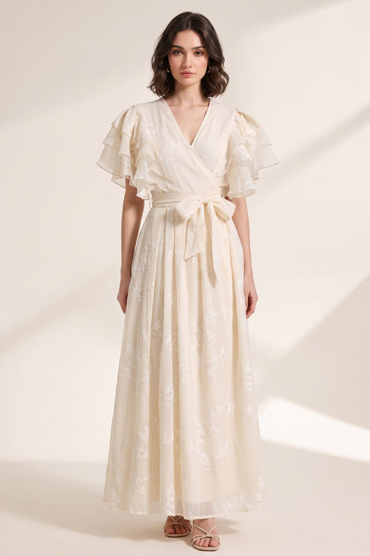 cream crinkled chiffon overlay A-line wrap wrap dress cream crinkled chiffon overlay wrap dress - product view 1